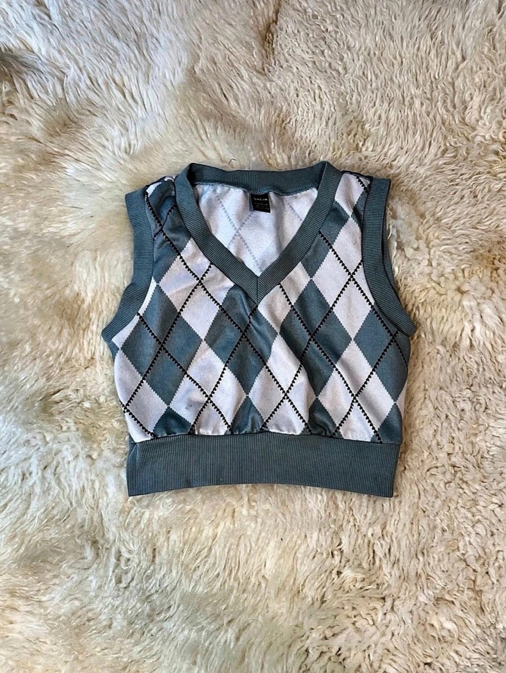 SHEIN Argyle Pattern Crop Sweater Vest Green & White XS